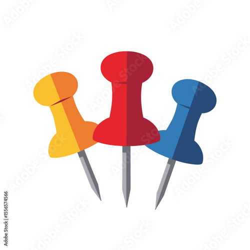Colorful push pins in yellow, red, and blue on a transparent background
