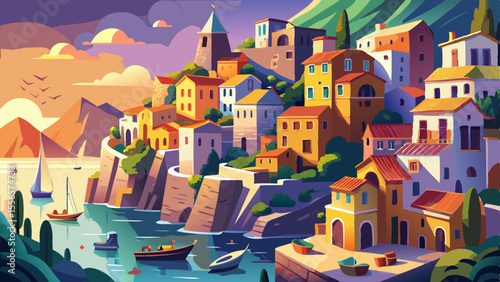 Colorful villages cling to steep cliffs above the Mediterranean. Small boats bob in quiet harbors, while narrow alleys glow with soft golden light.