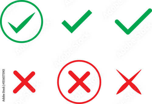 "Green Tick and Red Cross Symbols – Approval & Rejection Icon Pack"