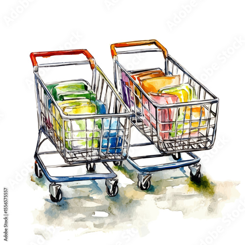 Trolleys, watercolor vector, isolated on a white background.