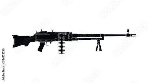Silhouette of M2 Browning .50 Cal Machine Gun – Black Outline of Heavy Tripod-Mounted Weapon with Ammunition Belt

