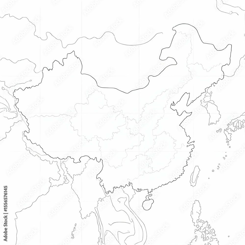 Fototapeta premium Black and white vector map of China showing all provincial-level borders including provinces, autonomous regions, and municipalities, thin black outlines only, no labels, isolated on white background