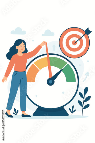 Woman improves business performance indicator. Concept of effectiveness, KPI measurement, productivity growth, and goal achievement. Target success flat cartoon vector illustration.