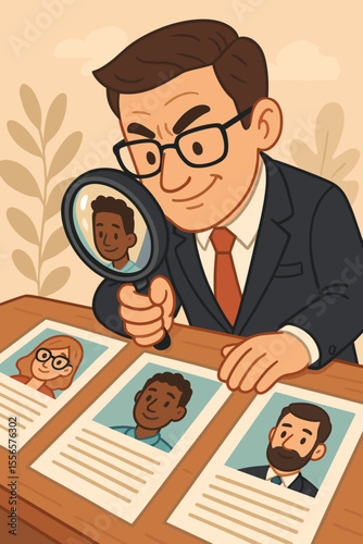 HR manager with magnifying glass examining resumes. Recruitment concept for finding top talent. Human resources professional selecting the best candidate for a job vacancy. Vector cartoon.