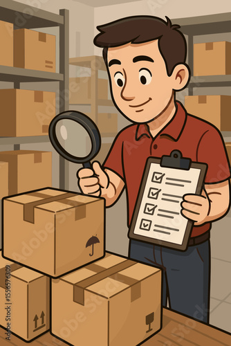 Quality control concept with an inspector in a warehouse. Cartoon man with a magnifying glass and a checklist examining a parcel. Logistics, shipping, inventory management, supply chain.