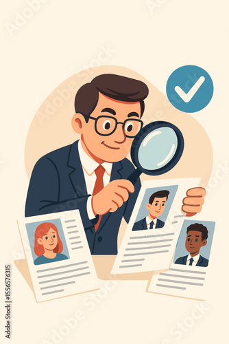 Human resources manager with magnifying glass examines resume. Recruitment and hiring concept. Candidate selection for job vacancy. Headhunter choosing new employee. Staff search.