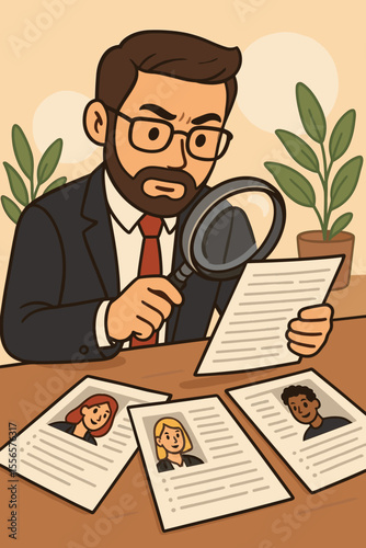 Human resources manager examining resume with magnifying glass. Recruitment and hiring concept. Recruiter searching for talent, reviewing CV. Job candidate selection process cartoon vector.