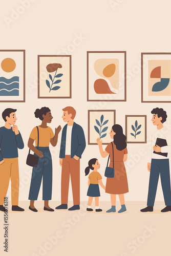 Art gallery visitors. Diverse group of people, family with child, and friends at modern art exhibition or museum. Crowd looking at contemporary abstract paintings. Cultural leisure event. Flat vector.