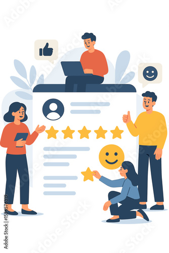 Five star rating and customer satisfaction concept. People leaving positive feedback and online reviews. User experience testimonials and client opinions. Quality service evaluation success.
