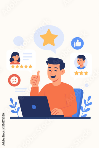 Customer feedback and online review concept. Happy man at laptop gives thumbs up for five star rating. Client satisfaction, testimonials, and support service. Flat vector illustration.