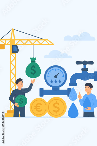 Water consumption cost and resource saving concept. High utility bill and tariff. Man paying for water from dripping tap. Faucet with meter. Crane with money. Flat vector cartoon.