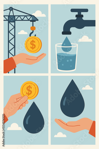 Concept of water value and cost. Vector comic illustrates water consumption, scarcity, and saving. Hand exchanges money coin for a water drop. Precious resource and economy metaphor.