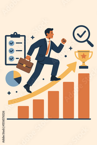 Career growth and success concept with a businessman running up a rising bar chart. Professional development, business progress, goal achievement, and motivation vector illustration.