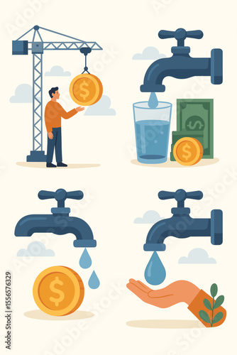 Water consumption cost and conservation vector set. Flat illustrations about paying utility bills, saving resources, and water scarcity. Crane, tap, coin, money, and hand icons.