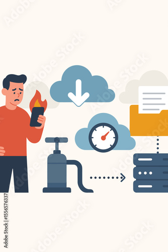 Slow internet connection and data download problem concept. Frustrated man with burning smartphone. Server error, slow performance, file transfer failure, tech burnout metaphor.