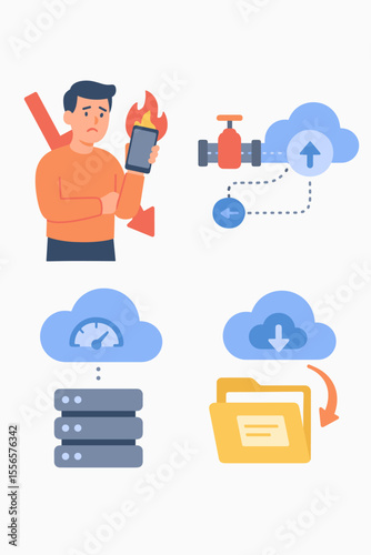 Set of technology icons. Cloud computing, data transfer, download, upload concept. Man with burning phone illustrates system error, crash. Server speed, bandwidth throttling vector.
