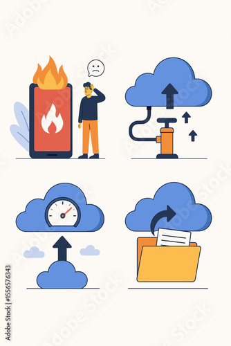 Cloud computing icon set. Data storage, upload speed, and file backup concept. Man stressed by overheating phone error. Vector icons for data transfer, sync, and cloud service.