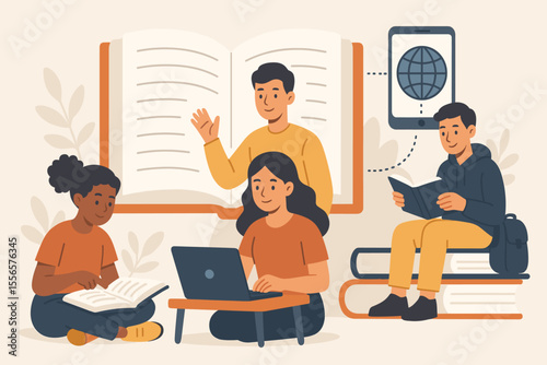 E-learning and online education with a diverse group of students gaining knowledge from books and internet. Modern vs traditional learning methods. Flat vector cartoon illustration.