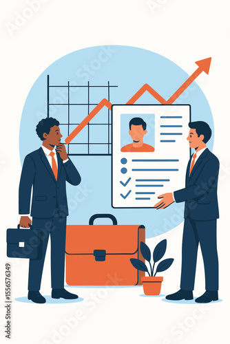 Hiring and recruitment concept. HR managers or businessmen reviewing a candidate resume for an open job vacancy. Talent acquisition and corporate career growth vector illustration.