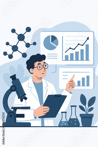 Scientist character analyzing data in a lab. Male researcher with microscope and clipboard. Concept for scientific research, experiment, statistics, analysis, biology, chemistry. Flat vector.