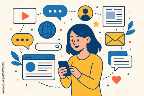 Woman using smartphone for social media, online communication and networking. Vector concept of internet activity with icons for chat, video, news, messages, and web search. Flat design.