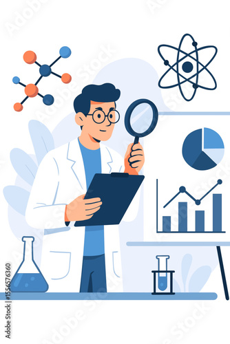 Scientist character conducting laboratory research and analyzing statistical data. Man with magnifying glass, clipboard. Science concept with charts, molecule, atom. Flat vector.