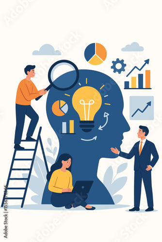 Business teamwork and collaboration concept. Brainstorming for new ideas and solutions. Data analysis, strategic planning for company growth. Abstract head silhouette with lightbulb and graphs.