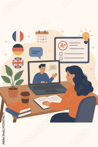 Online education and e-learning concept. Woman student watching webinar on laptop. Distance learning, language course, online exam preparation, homeschooling with virtual tutor.