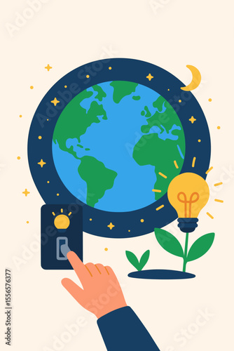 Earth Hour creative vector concept. Hand turning off light switch to save energy and protect planet Earth. Global environmental awareness campaign for energy conservation and ecology.