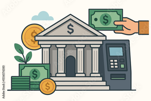 Modern bank building with ATM, cash withdrawal, money exchange, financial services, banking transaction, currency, savings, investment, deposit, finance concept, flat vector illustration