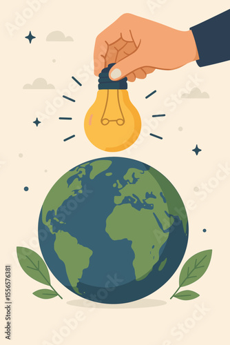 Save energy concept for Earth Hour. Hand holding glowing lightbulb over planet Earth. Flat vector cartoon illustration for ecology, conservation, sustainability and climate action.