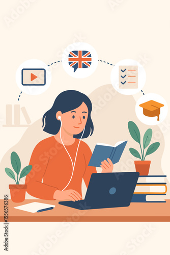 Online education concept with woman learning English on laptop. Vector illustration for distance learning, e-learning, language course, webinar, exam preparation, and homeschooling.