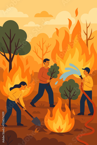 Forest wildfire disaster prevention, people extinguishing flames, planting trees, teamwork saving environment, reforestation, climate crisis, nature conservation, emergency response illustration