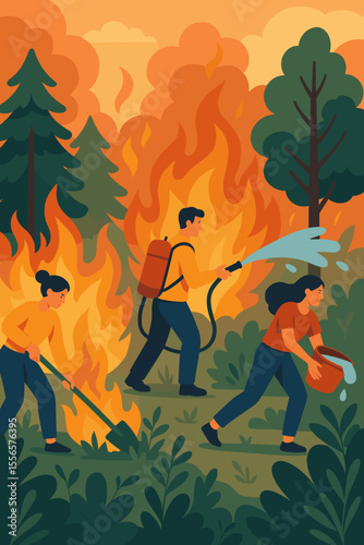 Forest wildfire emergency response. People fighting forest fire with water hose, bucket, shovel. Environmental disaster, teamwork, wildfire prevention, rescue operation. Nature conservation concept.
