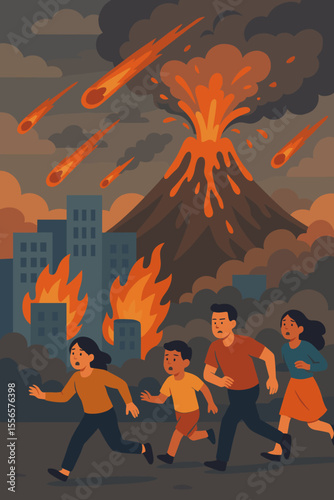Volcanic eruption disaster cityscape. Lava explosion, ash cloud, meteor shower, burning buildings, panicked people running, emergency evacuation, natural catastrophe, urban crisis illustration