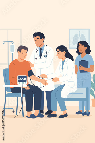 Hospital patient monitoring, medical team checking vital signs, routine health examination, doctor and nurse care, blood pressure measurement, healthcare consultation illustration