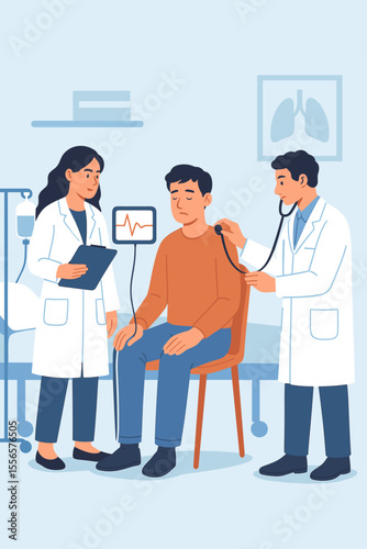Hospitalization vector illustration. Doctor examining a sick patient with a stethoscope during a medical check-up. Nurse with clipboard assists in the clinic room. Healthcare concept.