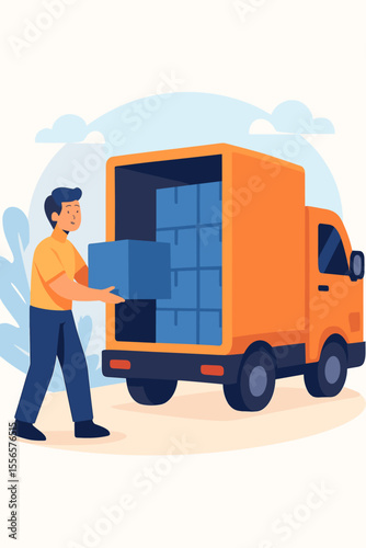 Logistics and shipping concept with delivery man loading boxes into a cargo truck. Warehouse worker carrying a parcel for transportation. Moving service and freight industry vector illustration.