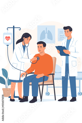 Female doctor examines a male patient with a stethoscope. Medical team in a hospital clinic during a health check-up. Concept of diagnosis, treatment, healthcare, medicine, and hospitalization.