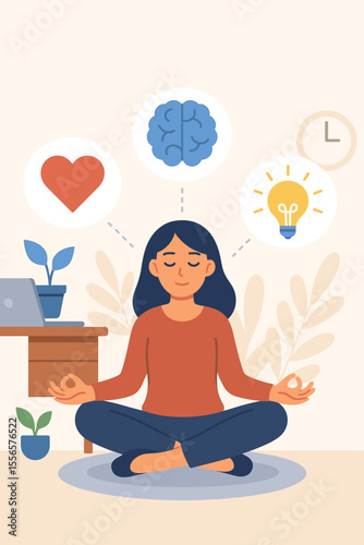 Woman meditating in lotus pose during a work break. Mindfulness concept for stress relief and mental health. Balancing mind, heart and ideas for wellbeing, focus and creativity. Vector.