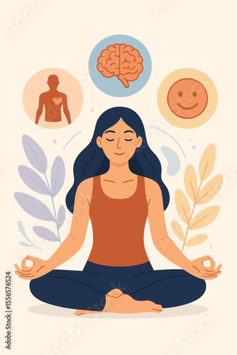 Meditation and Yoga Benefits for Mind, Body, and Emotions. Woman Practicing Mindfulness, Mental Health, Stress Relief, Positive Mood, Wellness, Self Care, Flat Vector Illustration