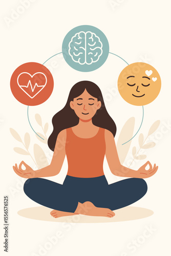 Meditation and Yoga Benefits for Mind, Body, and Emotions. Woman in Lotus Pose Practicing Mindfulness. Mental Health, Heart Health, Emotional Balance, Wellness, Self Care, Modern Flat Vector