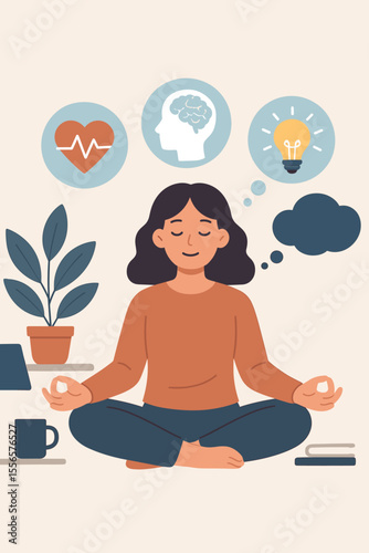 Meditation at Work Vector Illustration. Mindfulness for Stress Relief, Mental Health, Emotional Balance, Productivity, Creativity, Healthy Lifestyle, Thought Process, Wellness, Office Break Concept
