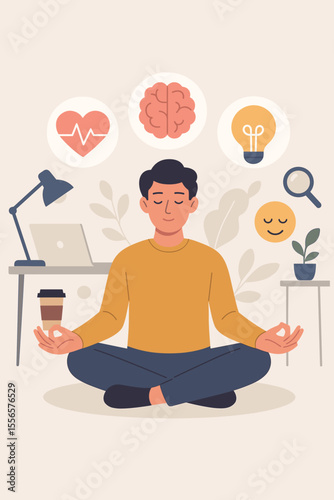 Man meditating in office. Concept of a work break for stress relief, mental health, and employee wellness. Mindfulness practice with icons of brain, heart, and creative ideas.