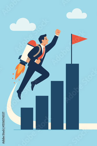 Businessman with Jetpack Flying Up Bar Graph to Success. Motivation, Career Growth, Achievement, Ambition, Leadership, Goal Setting, Reaching Target, Modern Flat Vector Illustration