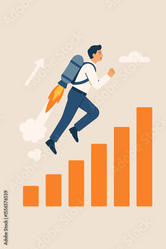 Businessman with Jetpack Flying Upward Over Bar Graph, Success Motivation, Career Growth, Achievement, Ambition, Progress, Leadership, Modern Flat Vector Concept Illustration