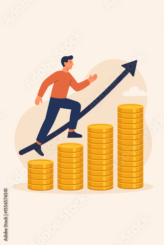 Man runs up on growth arrow over coin stacks. Business concept of career ladder, financial success, and achieving goals. Metaphor for investment profit, income increase, and motivation.