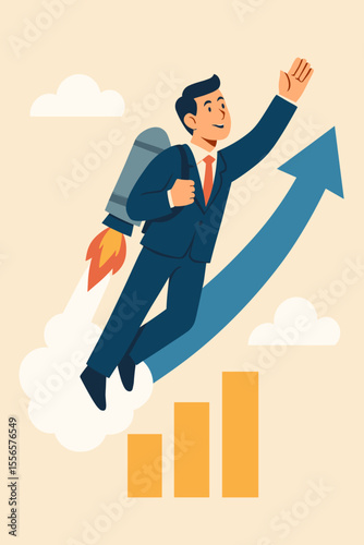Businessman flying on a jetpack rocket. Metaphor for business success, career growth, and motivation. Concept for achieving goals, leadership, ambition, and startup progress.