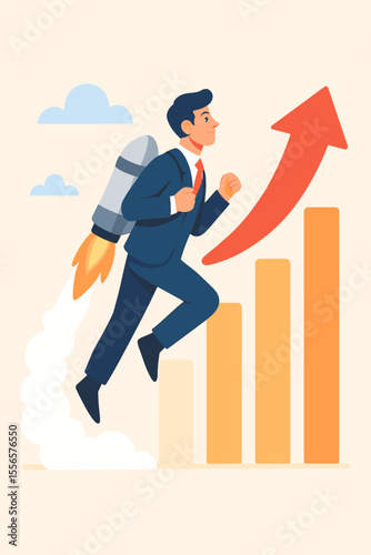 Businessman with jetpack flying upward, career growth, motivation, success, leadership, achievement concept, bar chart, progress, ambition, innovation, professional development, upward arrow