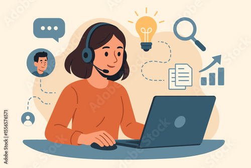 Online assistant or customer service representative working remotely. Woman with headset at laptop researching ideas and solutions for business growth. Vector concept for data analysis.